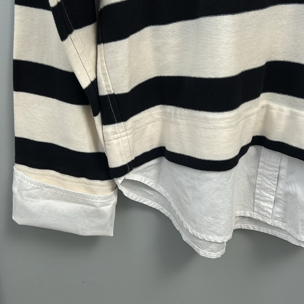 J. Crew Black and Ivory Wide Striped Rugby Shirt with White Shirttail & Cuffs - Picture 3 of 7